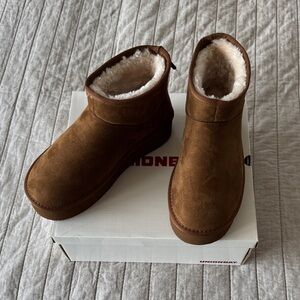 UNIONBAY Chestnut Brown Faux Suede Shearling Ankle Booties
